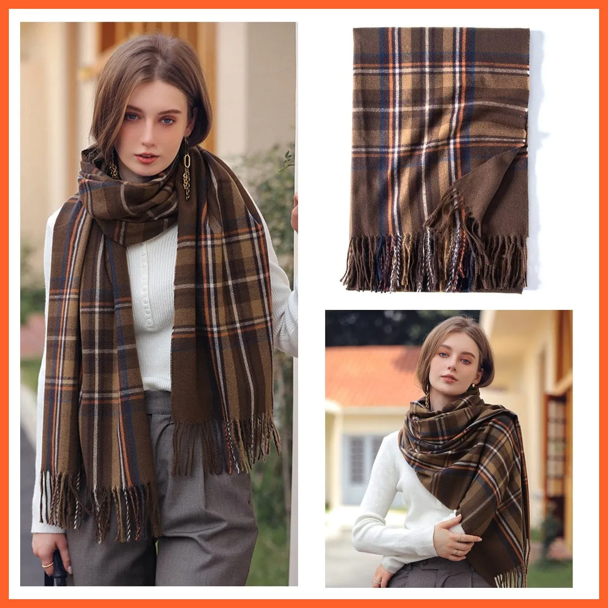 Women Winter Scarf Cashmere Feeling Muffler | Classic Plaid Shawl Wrap