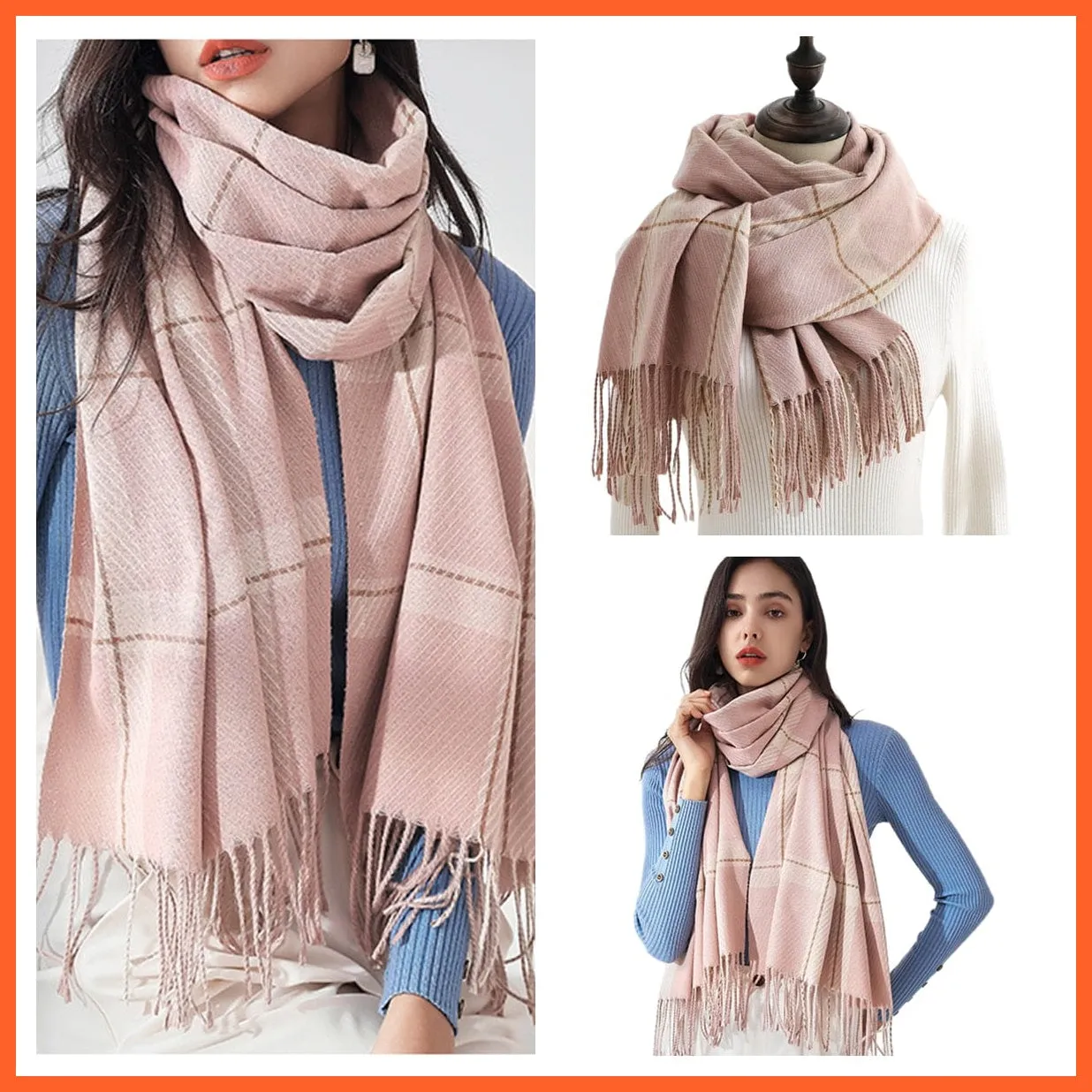 Women Winter Scarf Cashmere Feeling Muffler | Classic Plaid Shawl Wrap