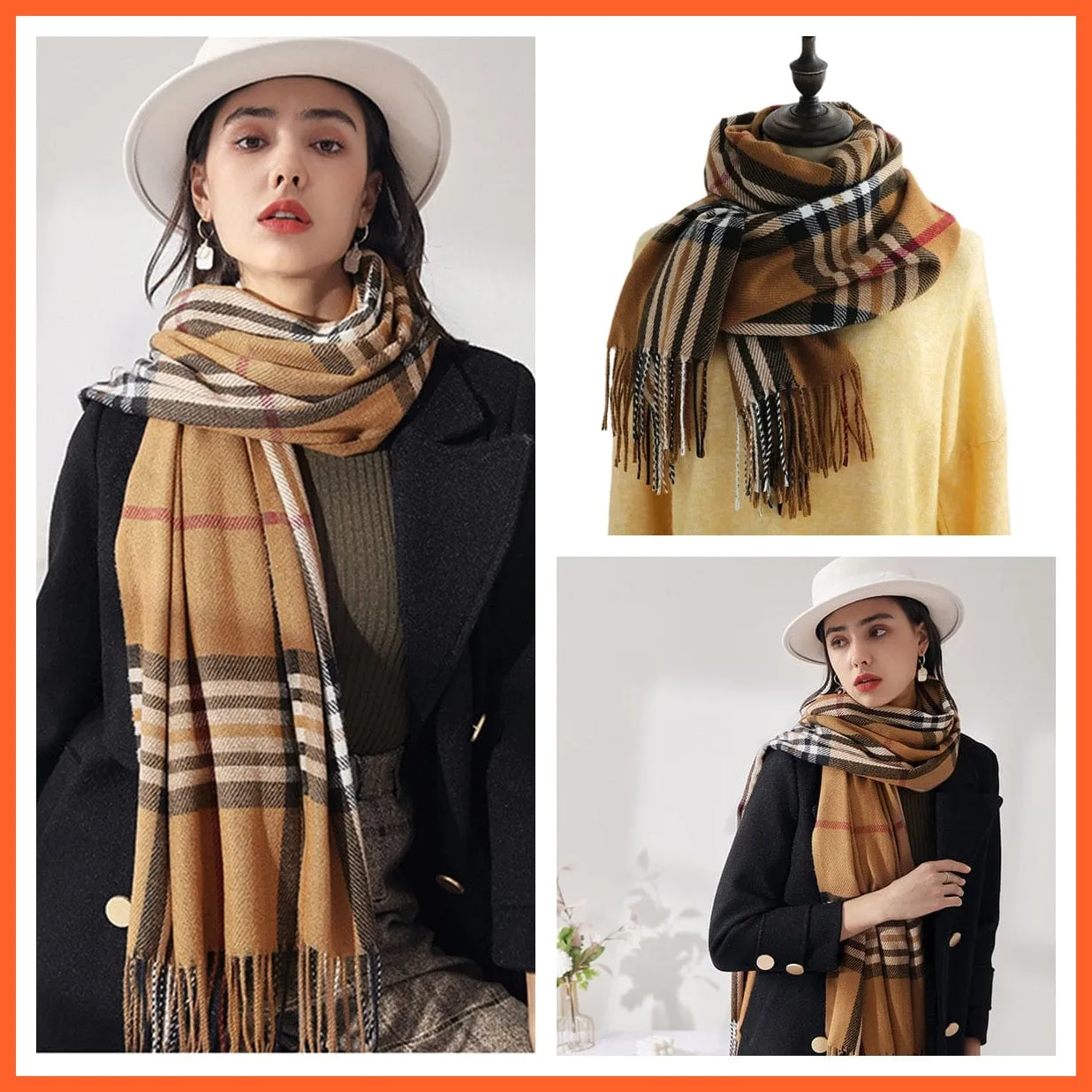 Women Winter Scarf Cashmere Feeling Muffler | Classic Plaid Shawl Wrap