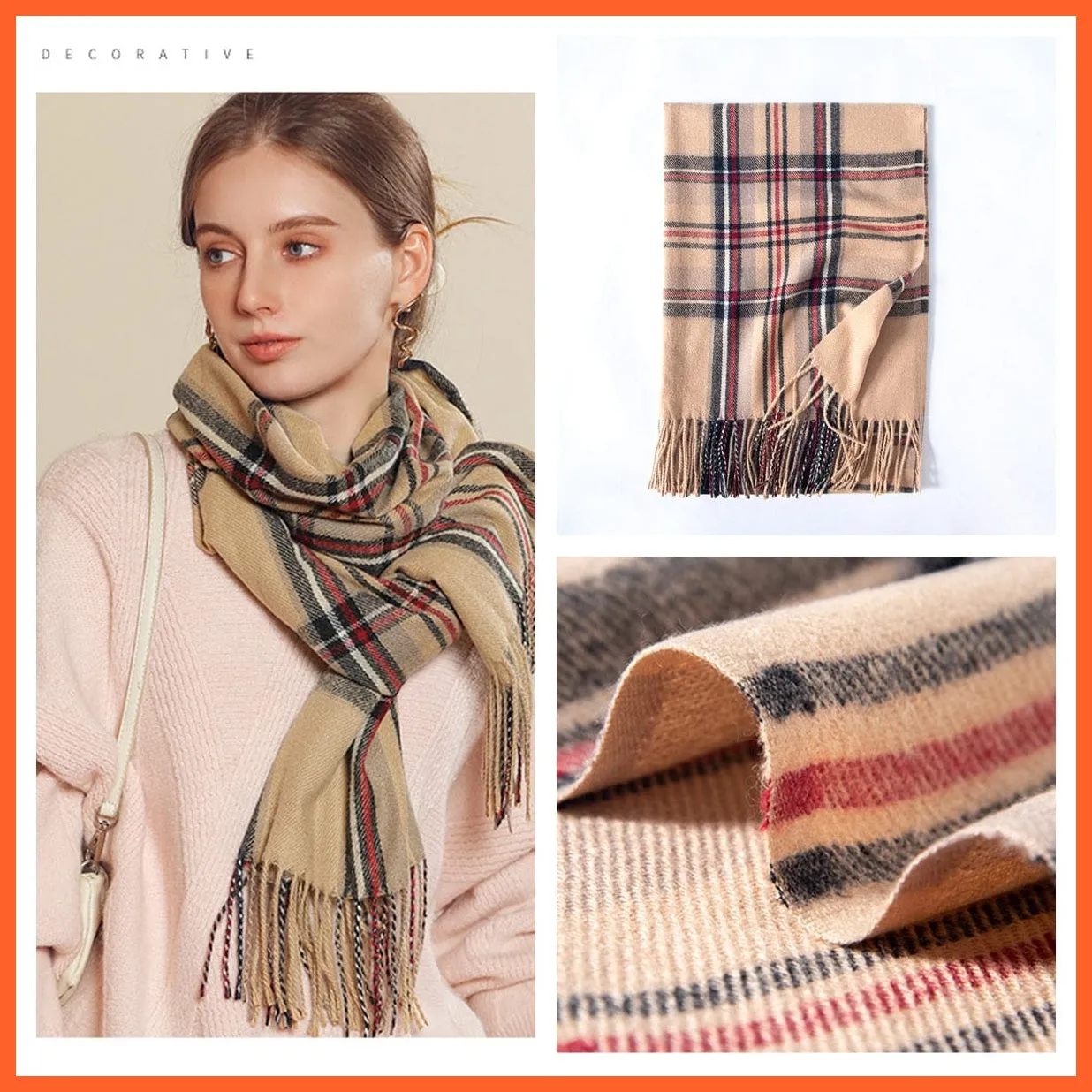 Women Winter Scarf Cashmere Feeling Muffler | Classic Plaid Shawl Wrap