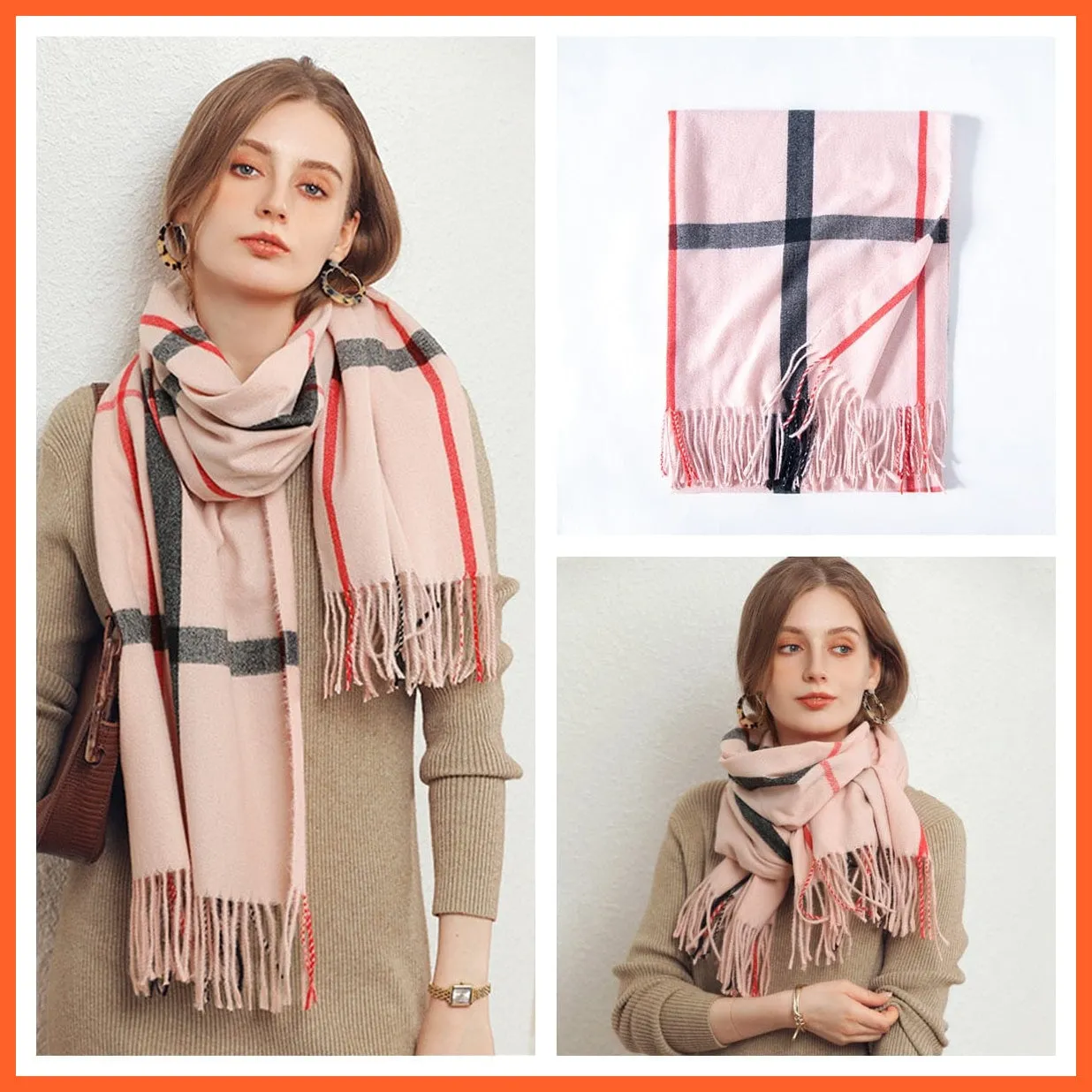Women Winter Scarf Cashmere Feeling Muffler | Classic Plaid Shawl Wrap