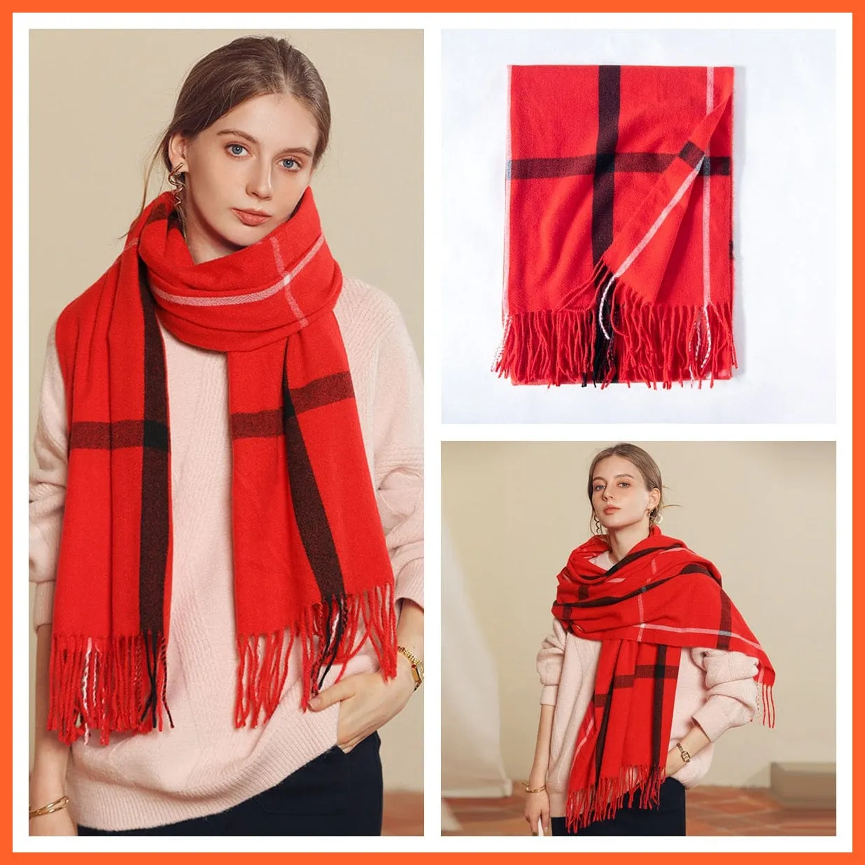 Women Winter Scarf Cashmere Feeling Muffler | Classic Plaid Shawl Wrap