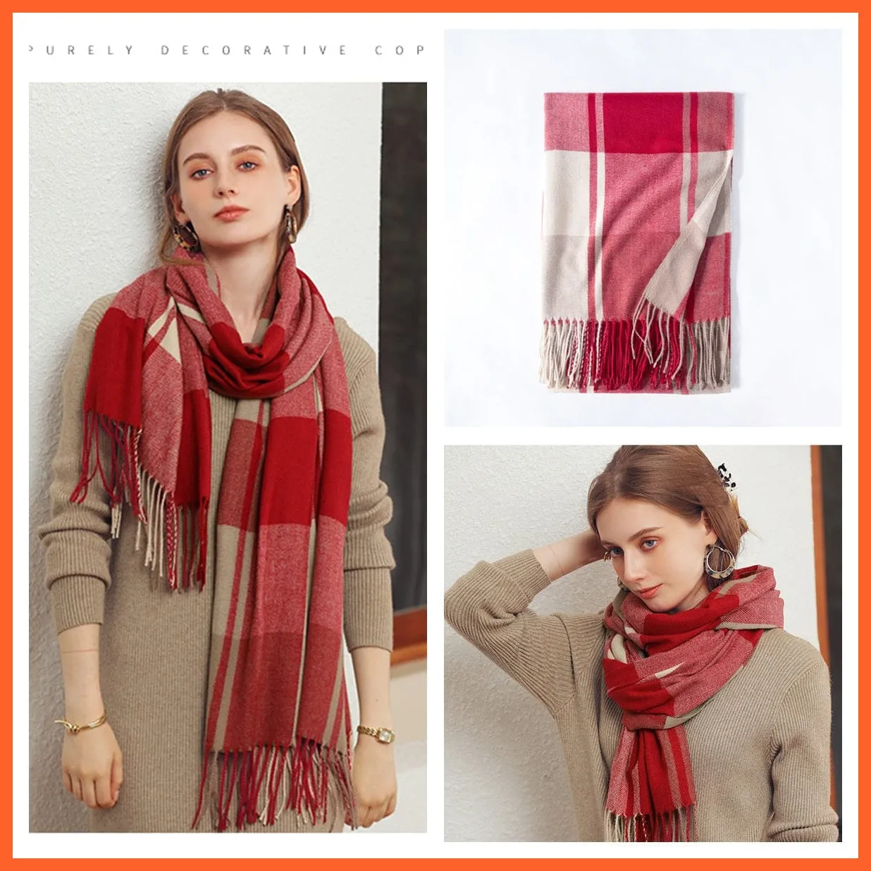 Women Winter Scarf Cashmere Feeling Muffler | Classic Plaid Shawl Wrap