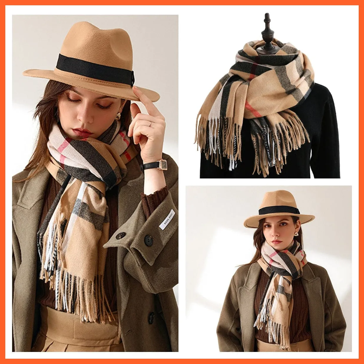 Women Winter Scarf Cashmere Feeling Muffler | Classic Plaid Shawl Wrap