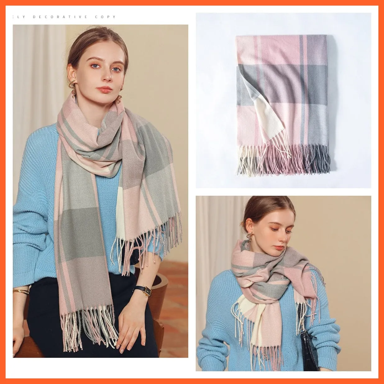 Women Winter Scarf Cashmere Feeling Muffler | Classic Plaid Shawl Wrap