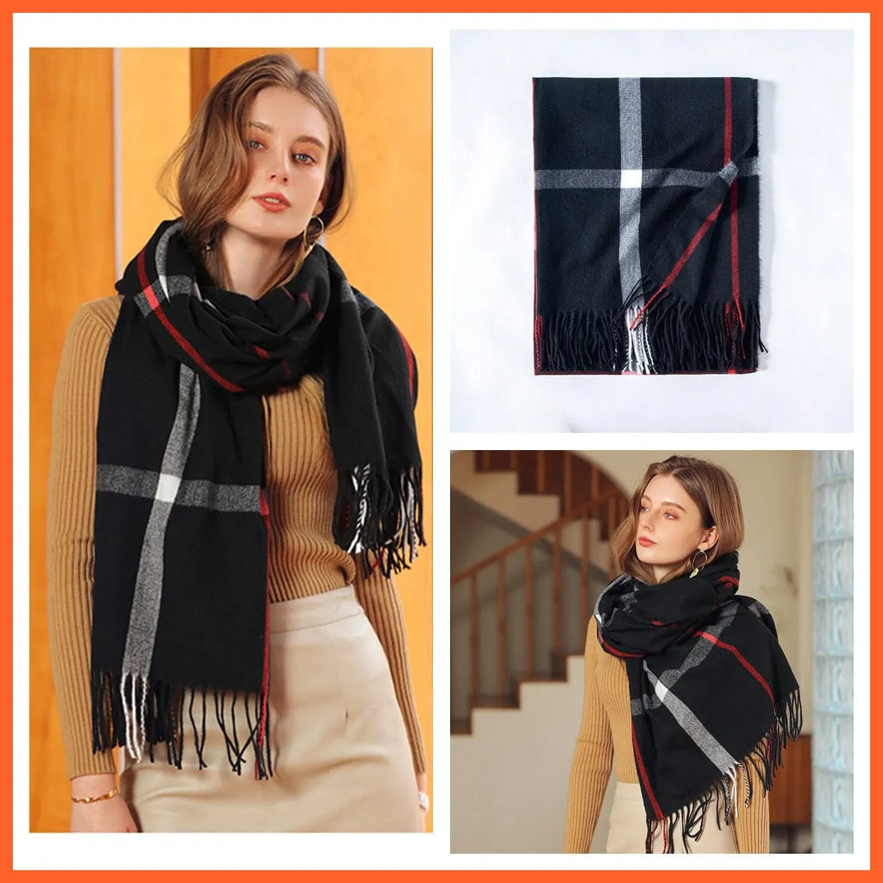 Women Winter Scarf Cashmere Feeling Muffler | Classic Plaid Shawl Wrap