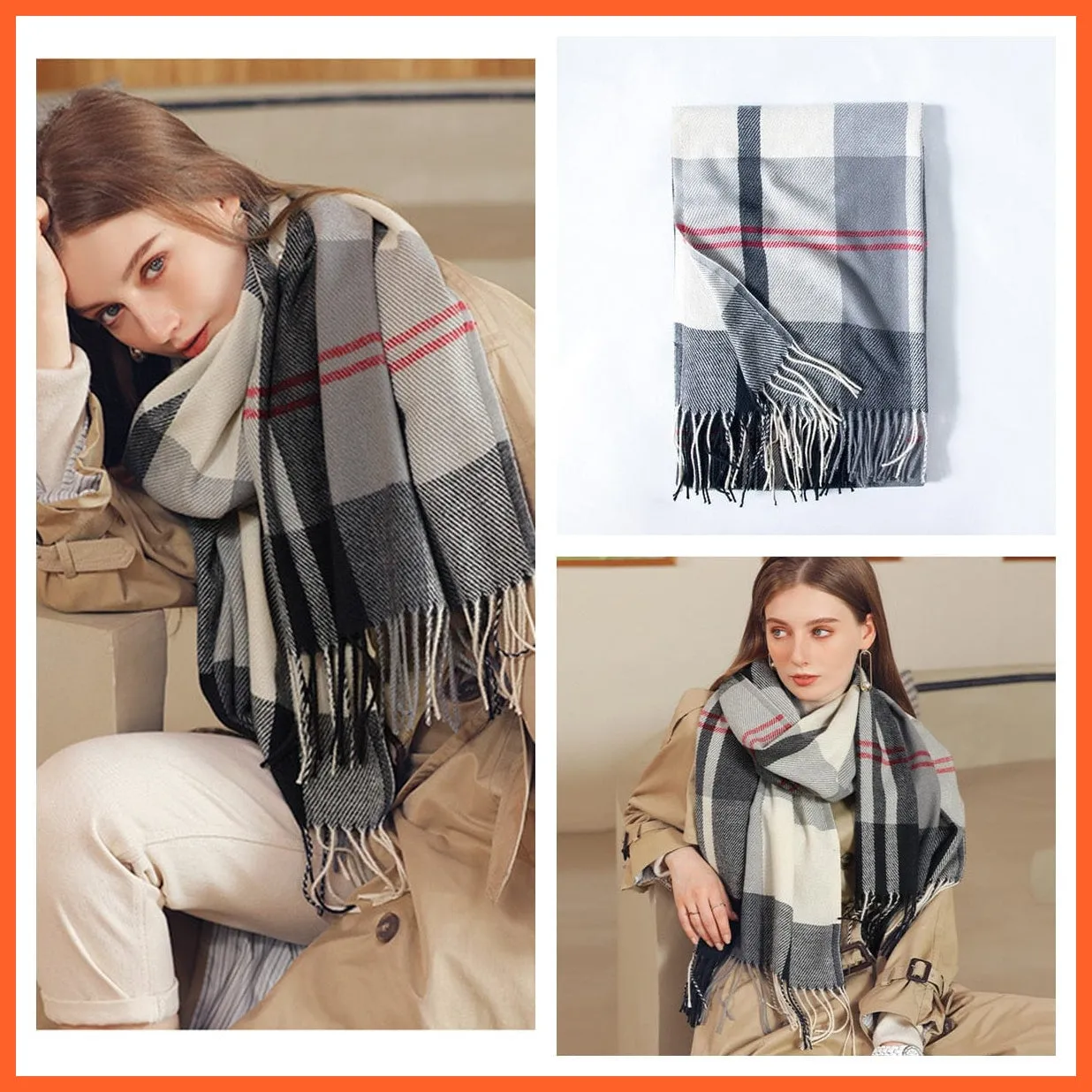 Women Winter Scarf Cashmere Feeling Muffler | Classic Plaid Shawl Wrap