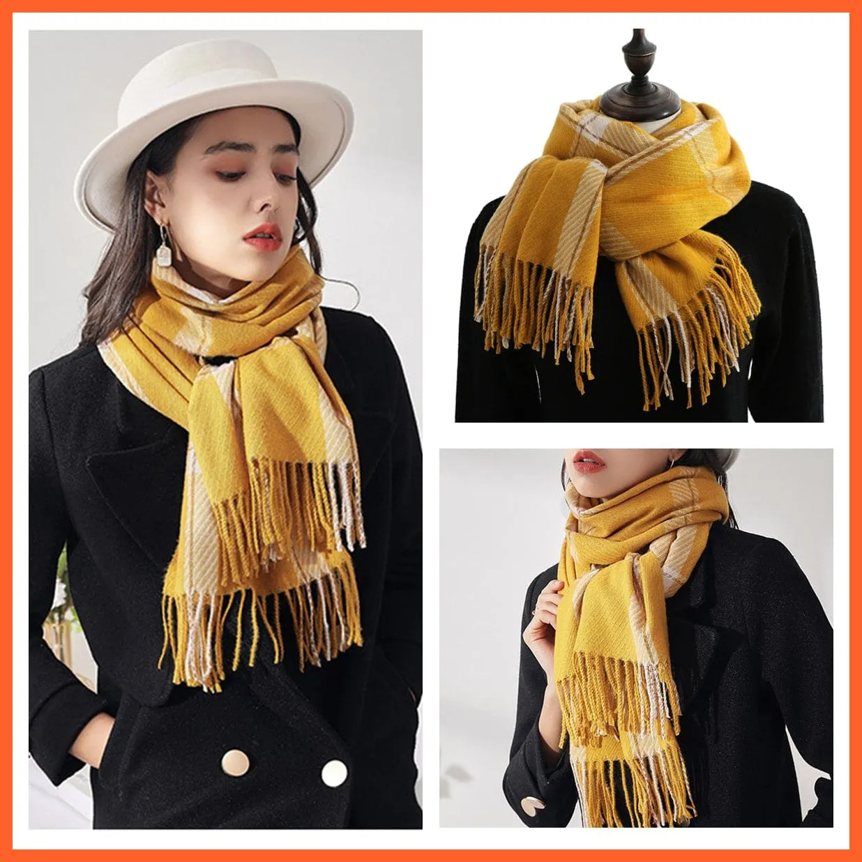 Women Winter Scarf Cashmere Feeling Muffler | Classic Plaid Shawl Wrap