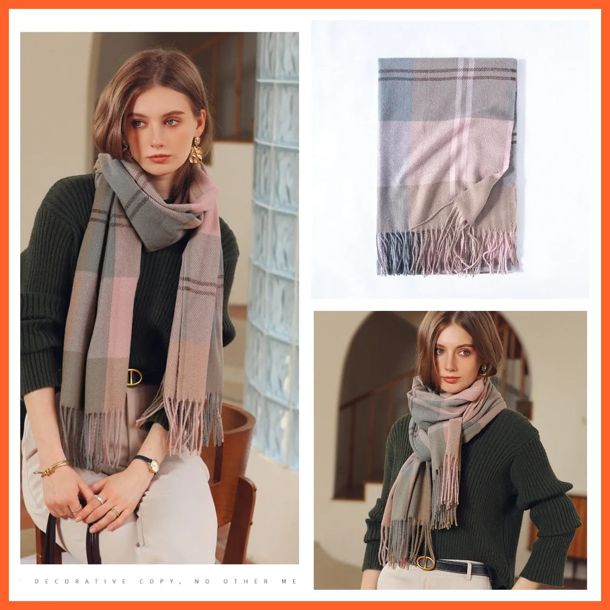 Women Winter Scarf Cashmere Feeling Muffler | Classic Plaid Shawl Wrap