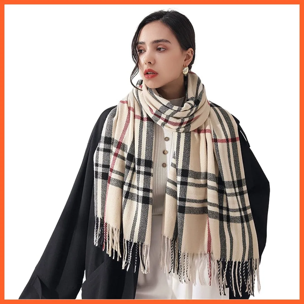 Women Winter Scarf Cashmere Feeling Muffler | Classic Plaid Shawl Wrap