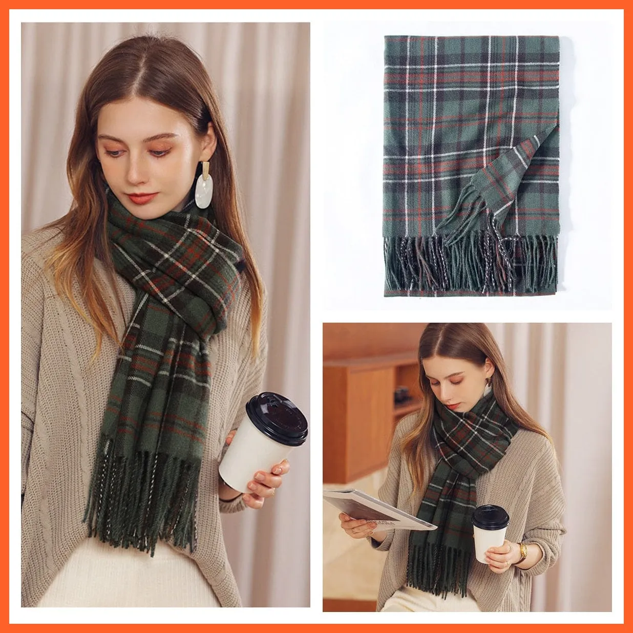 Women Winter Scarf Cashmere Feeling Muffler | Classic Plaid Shawl Wrap