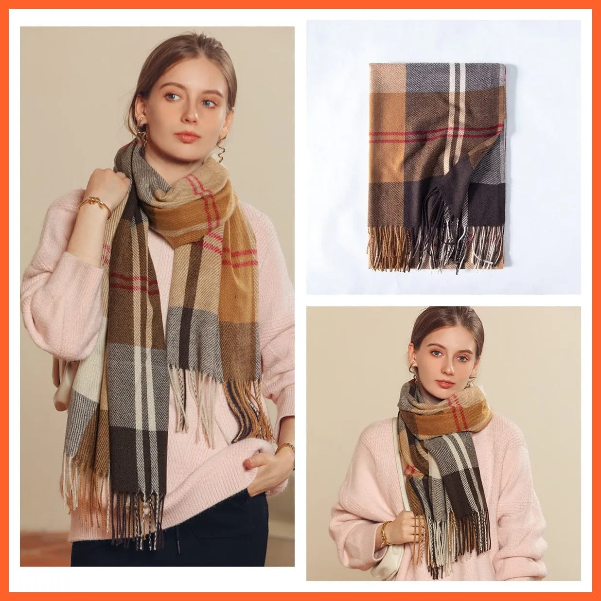 Women Winter Scarf Cashmere Feeling Muffler | Classic Plaid Shawl Wrap