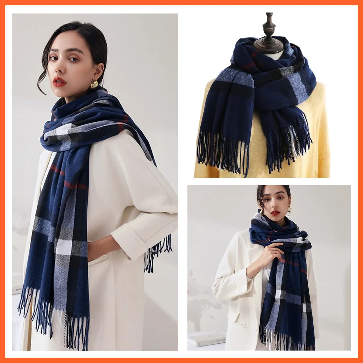 Women Winter Scarf Cashmere Feeling Muffler | Classic Plaid Shawl Wrap