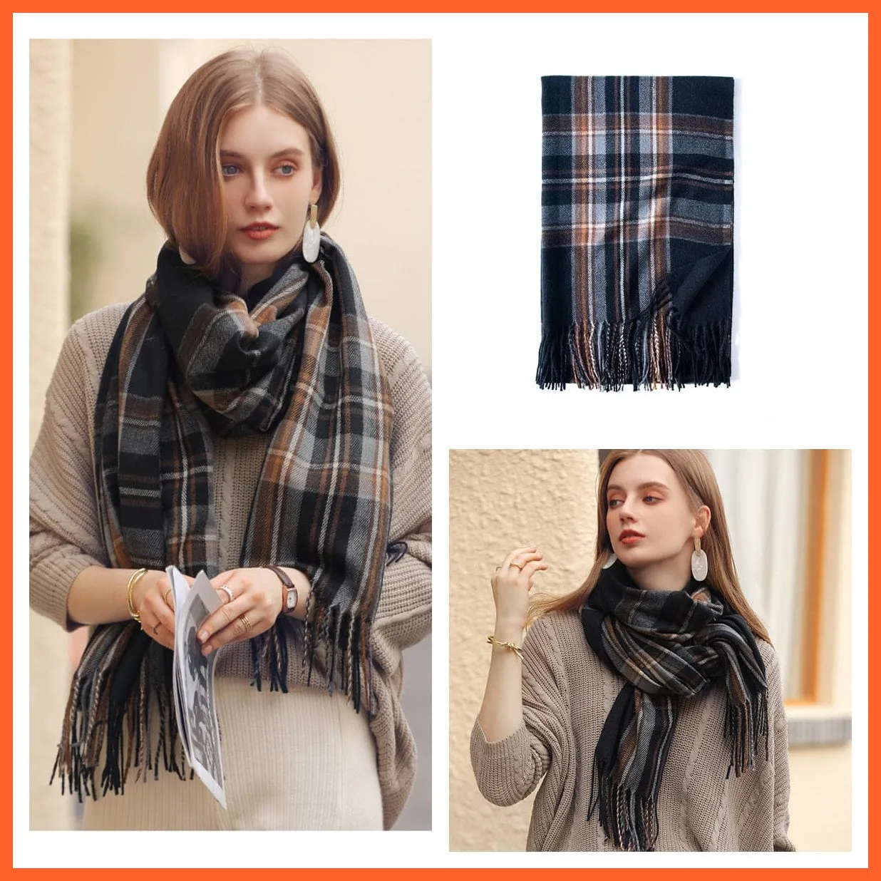 Women Winter Scarf Cashmere Feeling Muffler | Classic Plaid Shawl Wrap