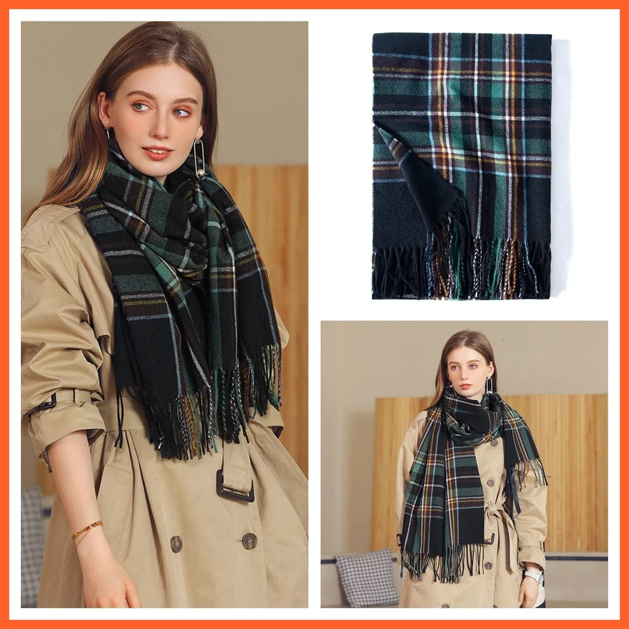 Women Winter Scarf Cashmere Feeling Muffler | Classic Plaid Shawl Wrap