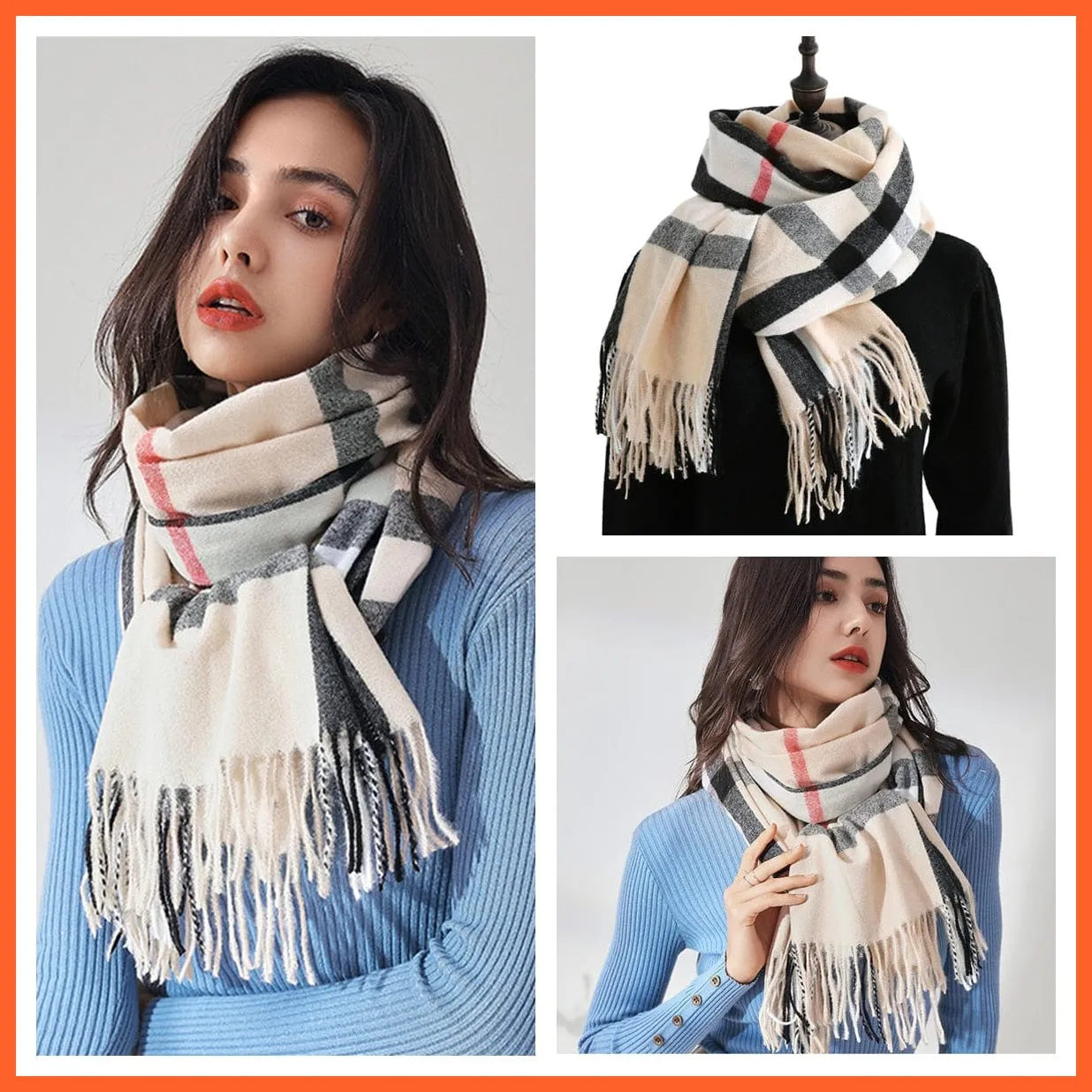 Women Winter Scarf Cashmere Feeling Muffler | Classic Plaid Shawl Wrap