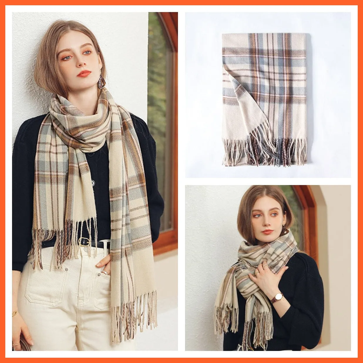 Women Winter Scarf Cashmere Feeling Muffler | Classic Plaid Shawl Wrap