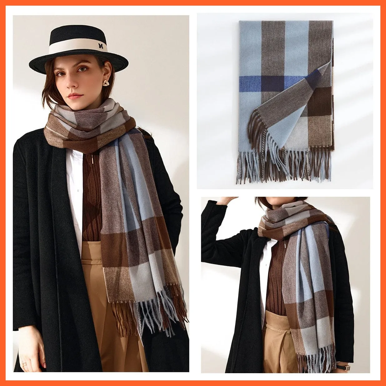 Women Winter Scarf Cashmere Feeling Muffler | Classic Plaid Shawl Wrap