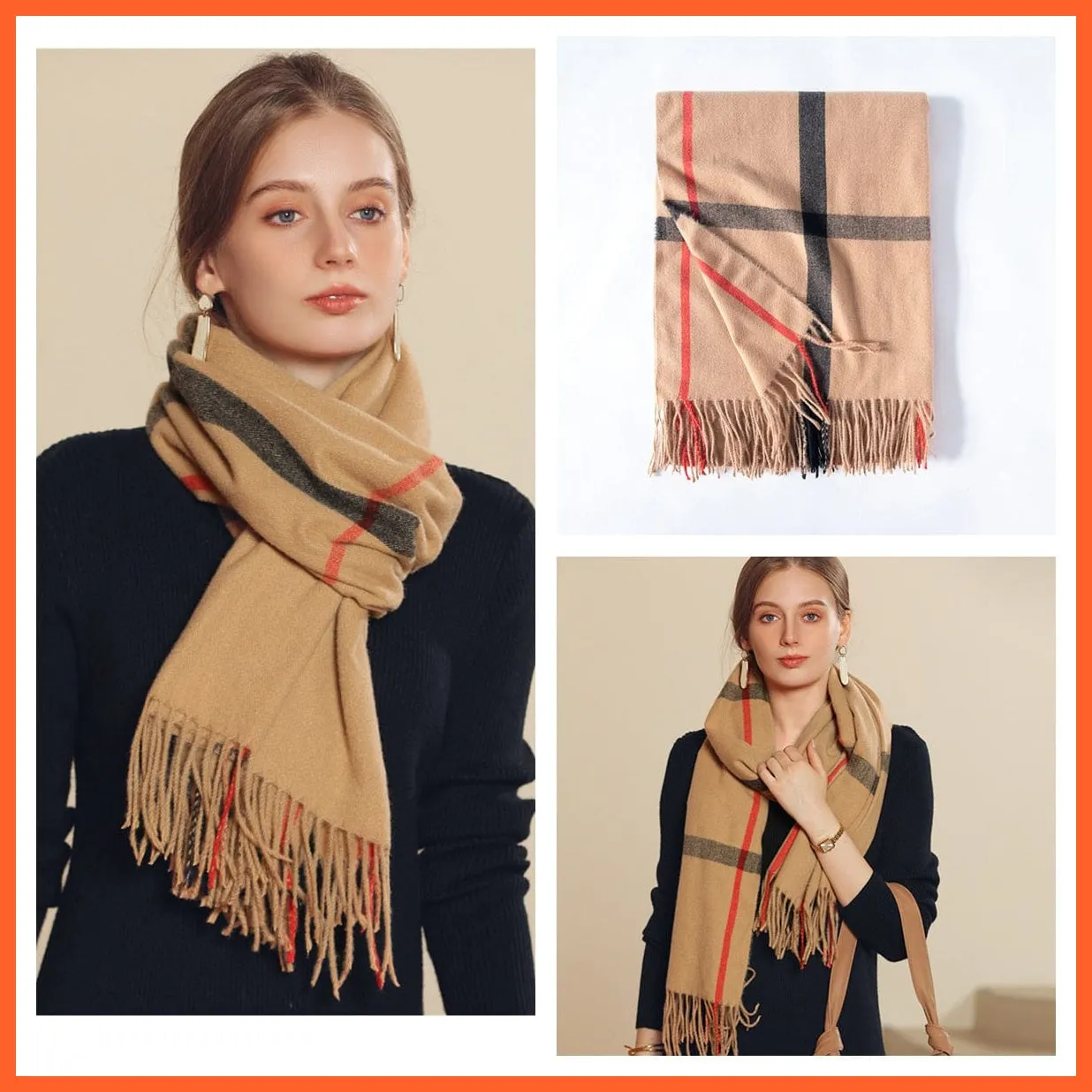 Women Winter Scarf Cashmere Feeling Muffler | Classic Plaid Shawl Wrap