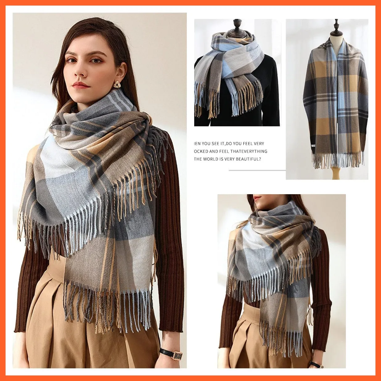Women Winter Scarf Cashmere Feeling Muffler | Classic Plaid Shawl Wrap