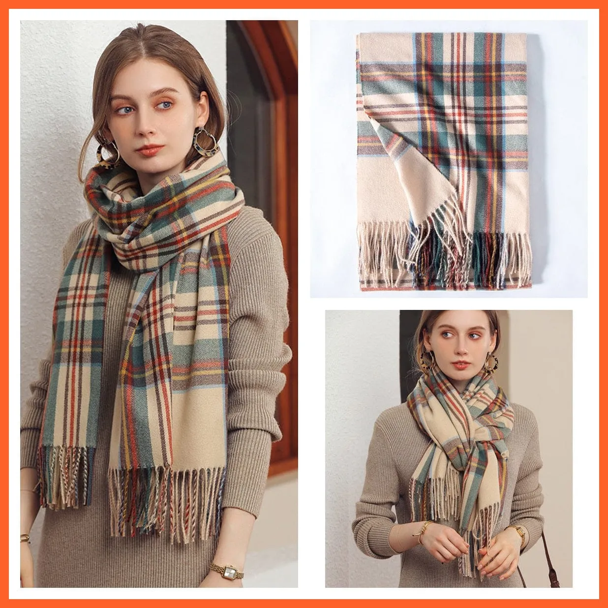 Women Winter Scarf Cashmere Feeling Muffler | Classic Plaid Shawl Wrap