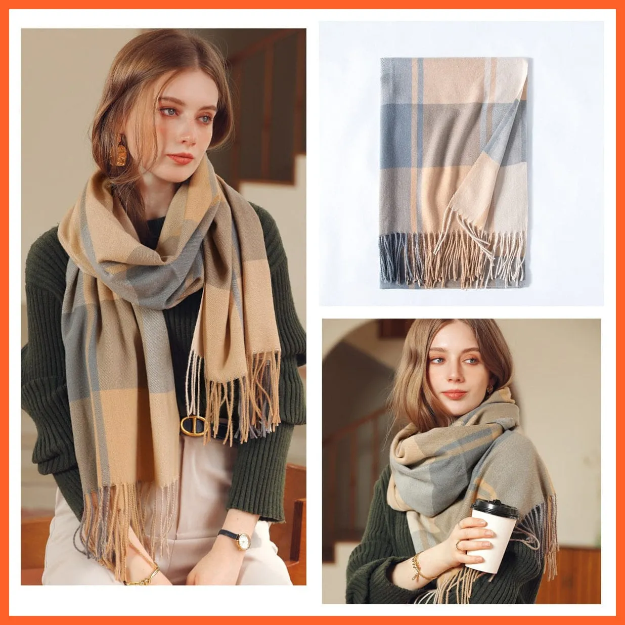 Women Winter Scarf Cashmere Feeling Muffler | Classic Plaid Shawl Wrap