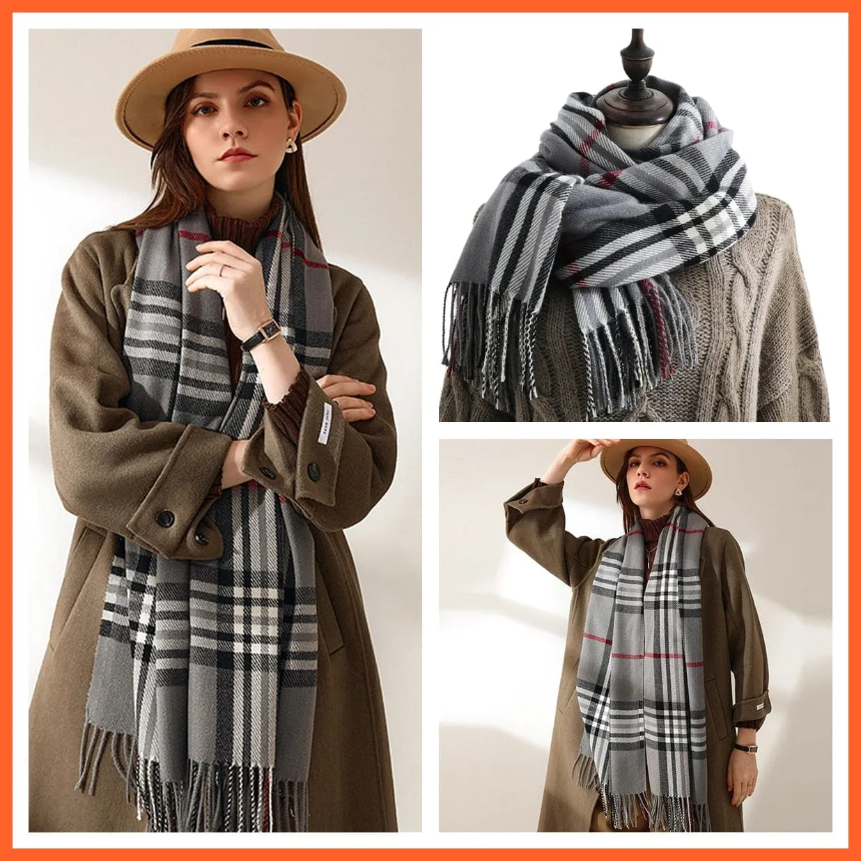 Women Winter Scarf Cashmere Feeling Muffler | Classic Plaid Shawl Wrap
