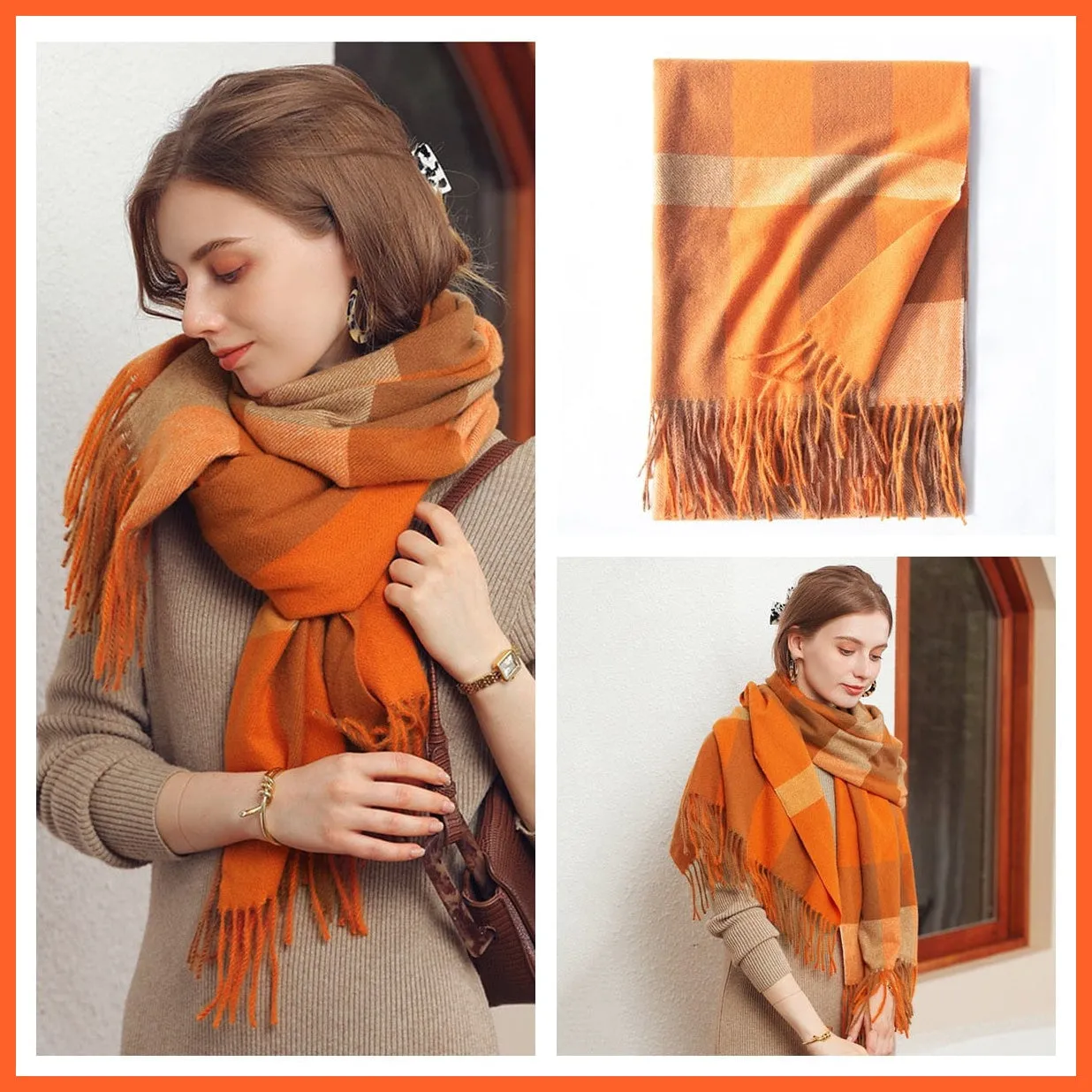 Women Winter Scarf Cashmere Feeling Muffler | Classic Plaid Shawl Wrap