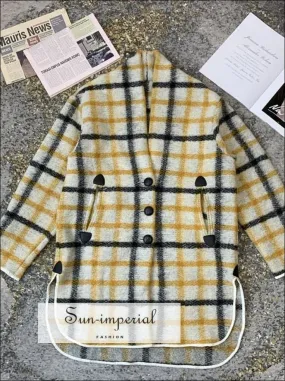 Women Yellow Plaid Checkered Wool Midi Woolen Shirt Coat
